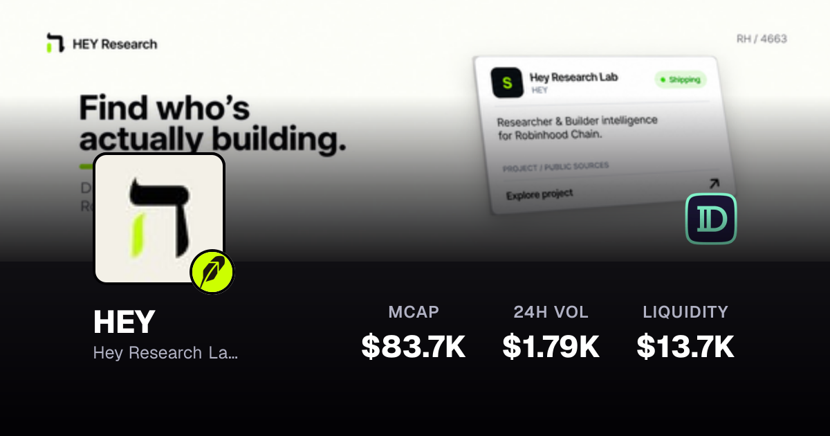 HEY $0.0₄92222 -27.5% — Hey Research Lab on Robinhood | Defined.fi